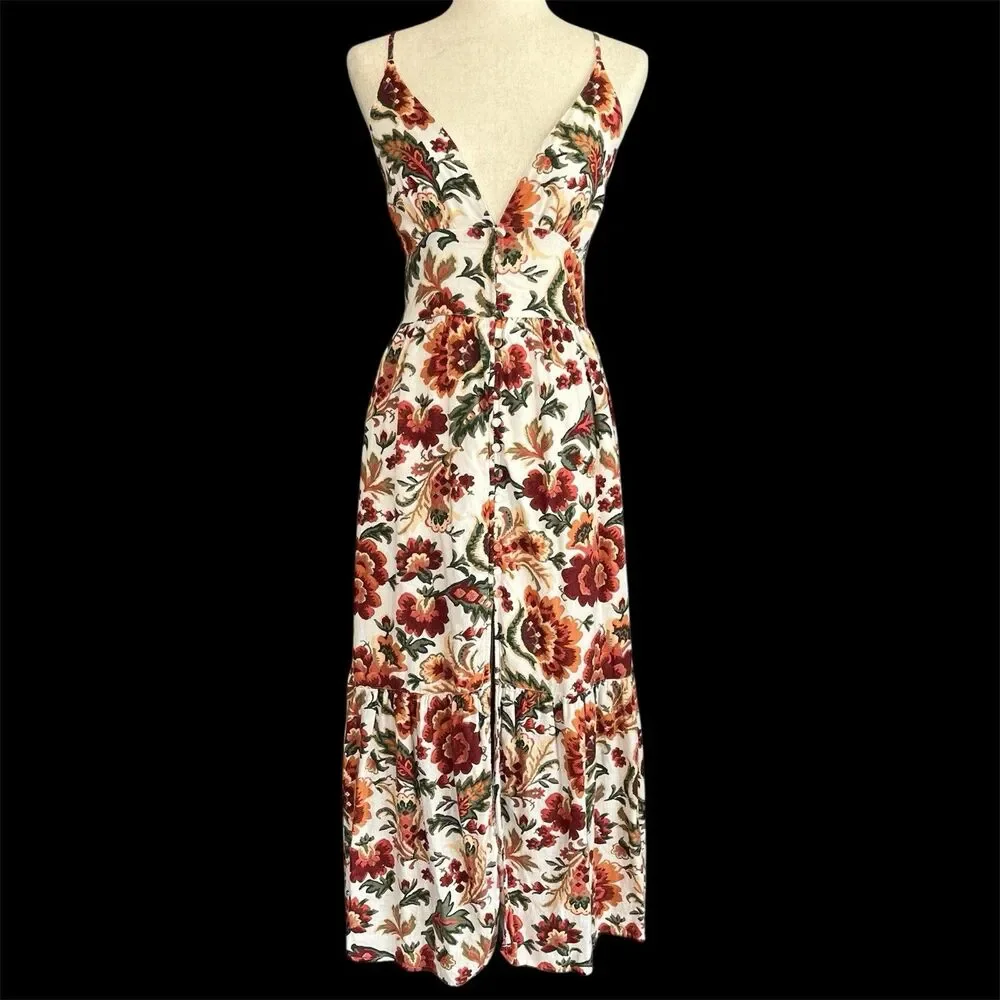 Abercrombie & Fitch Floral Linen Dress SP Buttons Plunge Neck Smocked Boho Maxi